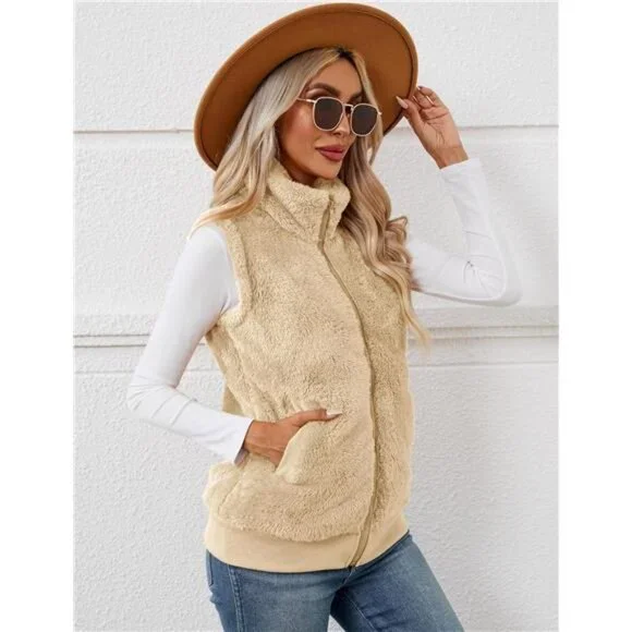 New Womens Fuzzy Fleece Vest, Casual Warm Sleeveless Zip Up Sherpa Vest - Picture 5 of 6